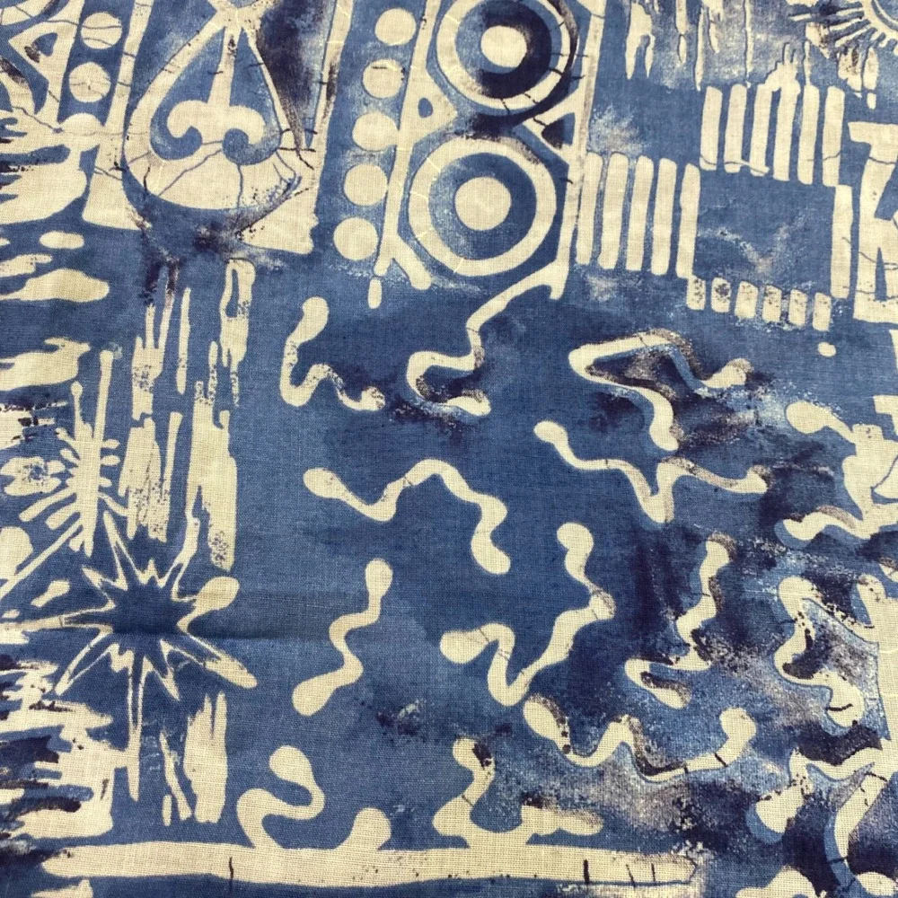 Blue Batik Cotton Fabric Abstract Tribal Geometric Indigo Print 58 x 45 Inch